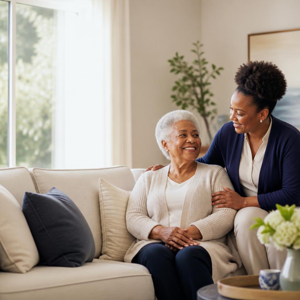 Caregiver sharing a warm moment with an older adult at home